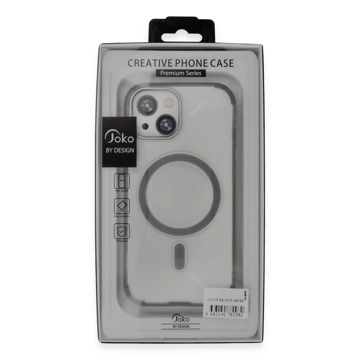Manyetik halkalı şeffaf iPhone kılıfı, ambalajında. 'Joko by Design' özellikli.