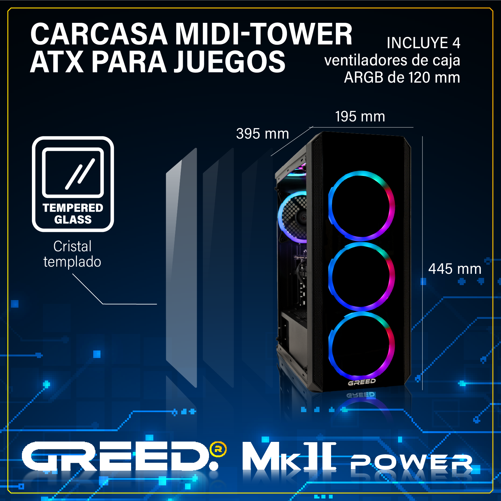 Caja de PC gaming ATX midi-tower negra con tres ventiladores RGB, medidas 195x395x445mm.