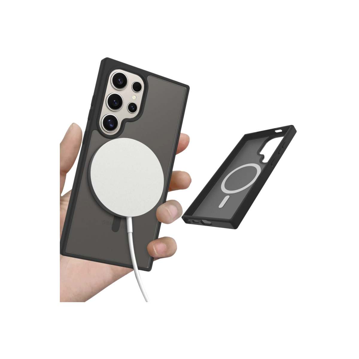 Şarj cihazlı telefon tutan el. Yanında telefon kılıfı.