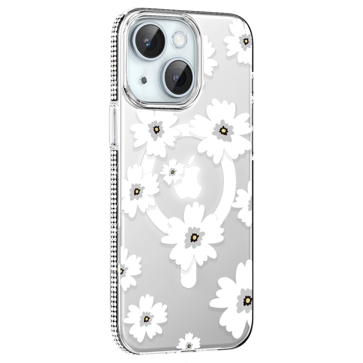 Beyaz çiçekler ve pırıltılı yanlarla süslenmiş şeffaf iPhone kılıfı.