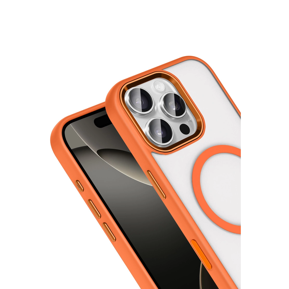 Üç kamera lensli ve dairesel halkalı turuncu telefon kılıfı.