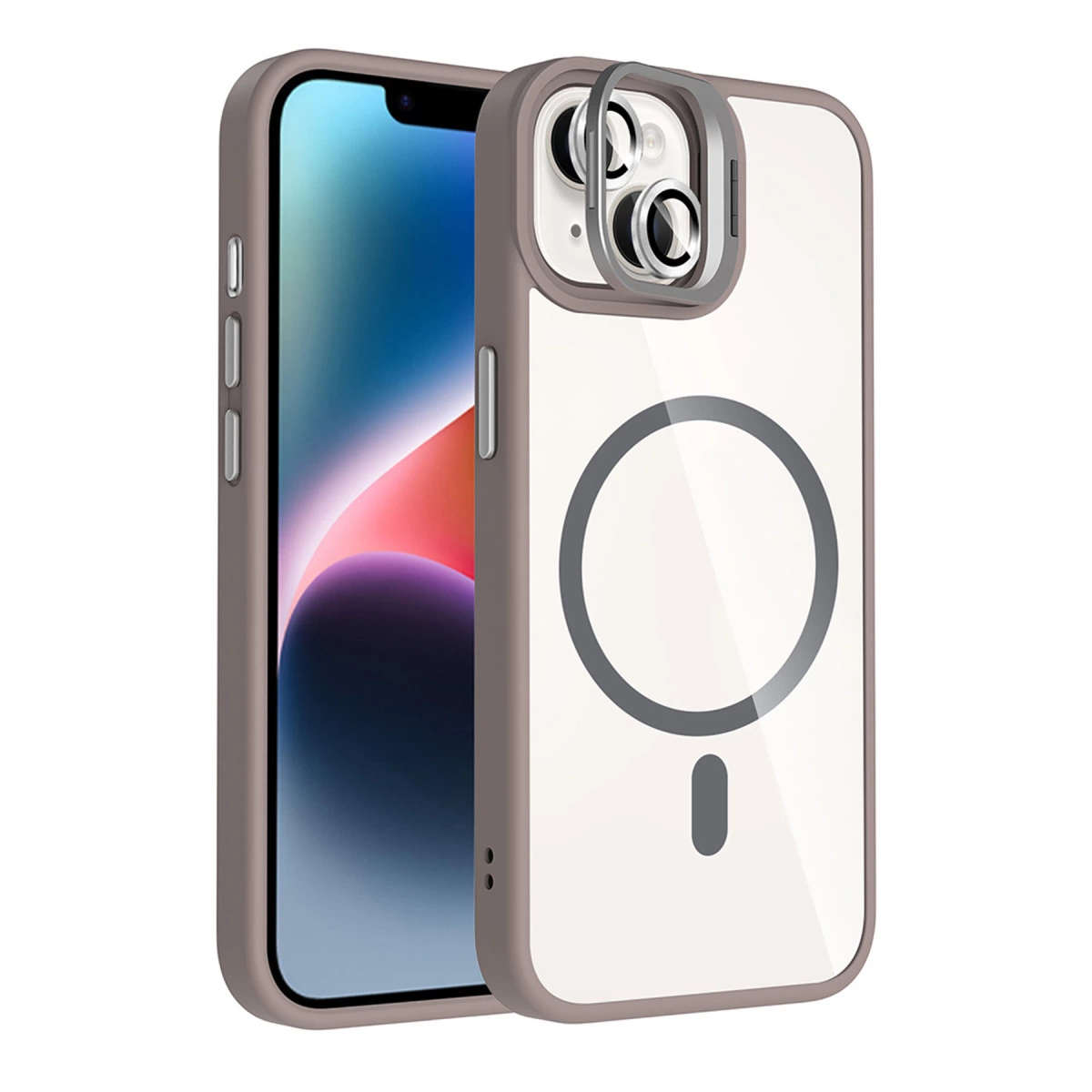 Kamera ve dairesel desen gösteren, kahverengi kenarlı şeffaf telefon kılıfı.