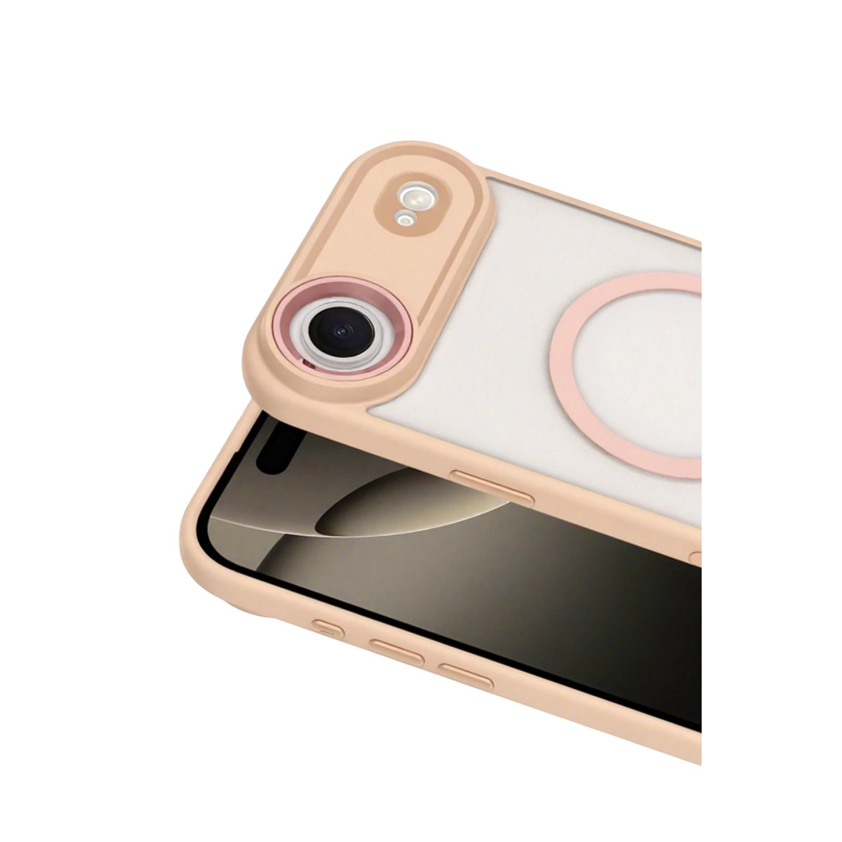 Kamera lensi ve halkası olan açık pembe telefon kılıfı bir akıllı telefona takılıdır.