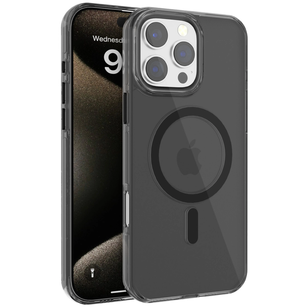 Telefonun arkasında manyetik halkalı koyu şeffaf telefon kılıfı.