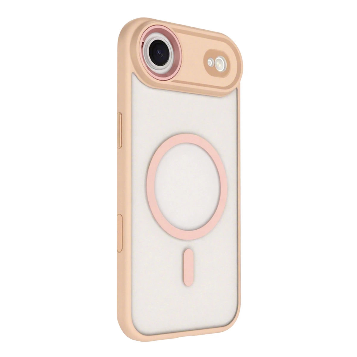 Şeftali rengi iPhone kılıfı, pembe halka ve oval gösteren şeffaf arkaya sahip.
