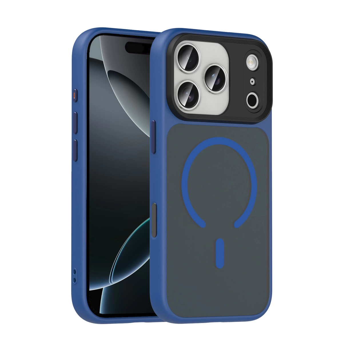 Üç kamera lensli ve dairesel desenli mavi telefon kılıfı.