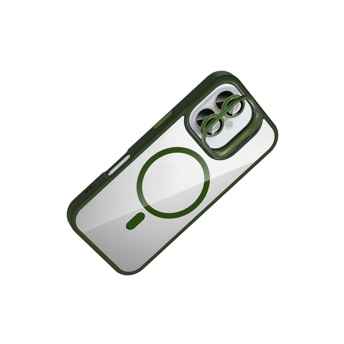Şeffaf arka ve kamera korumalı yeşil telefon kılıfı.