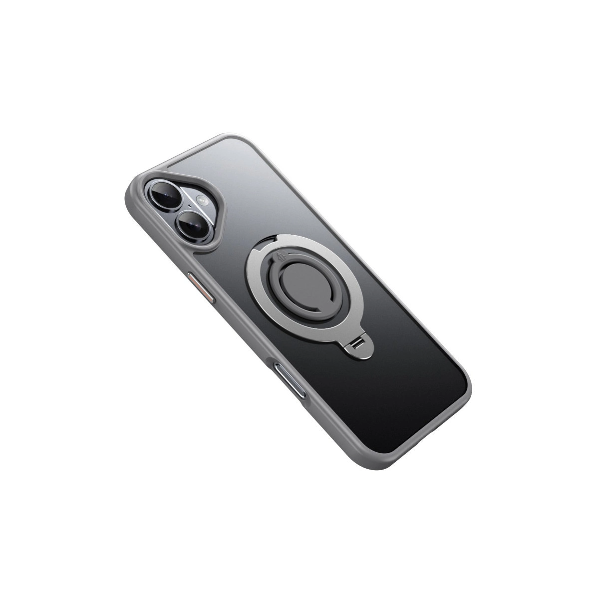 Gümüş halka tutuculu gri telefon kılıfı beyaz arka planda.