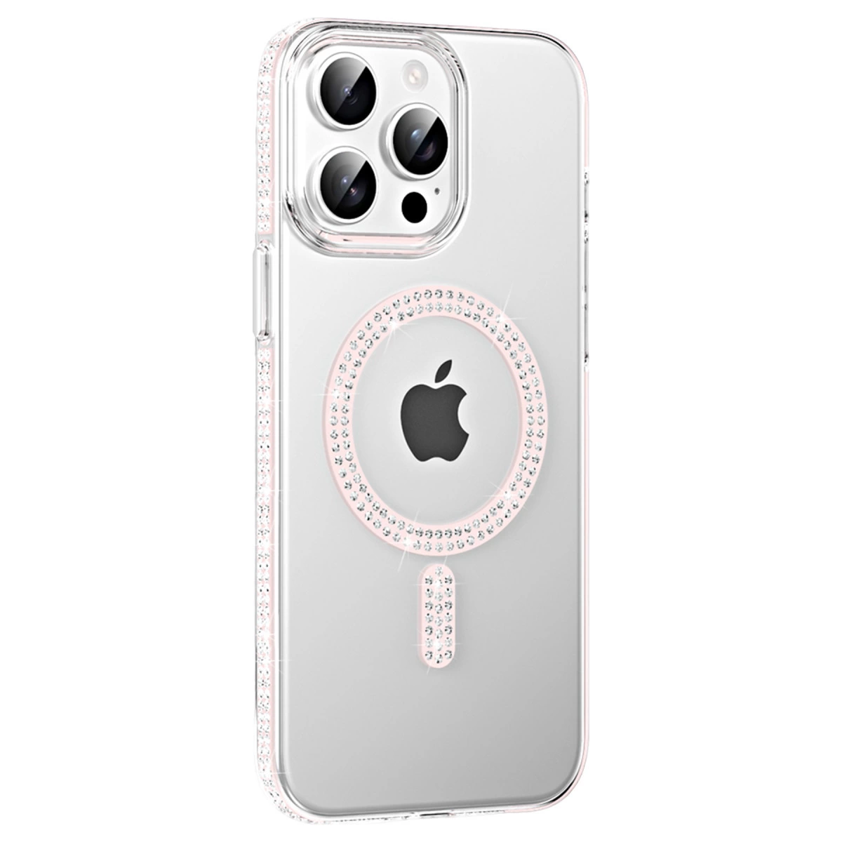 Apple logosunu gösteren, pembe kenarlı ve taşlı şeffaf iPhone kılıfı.