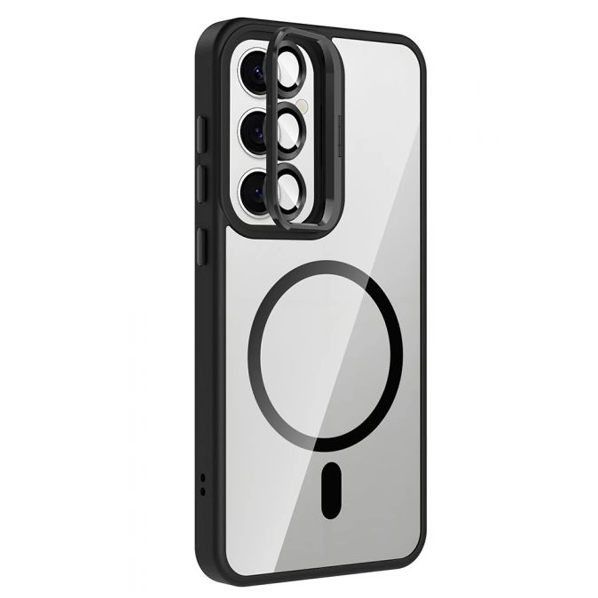 Siyah kenarlı ve kamera kapaklı şeffaf telefon kılıfı.