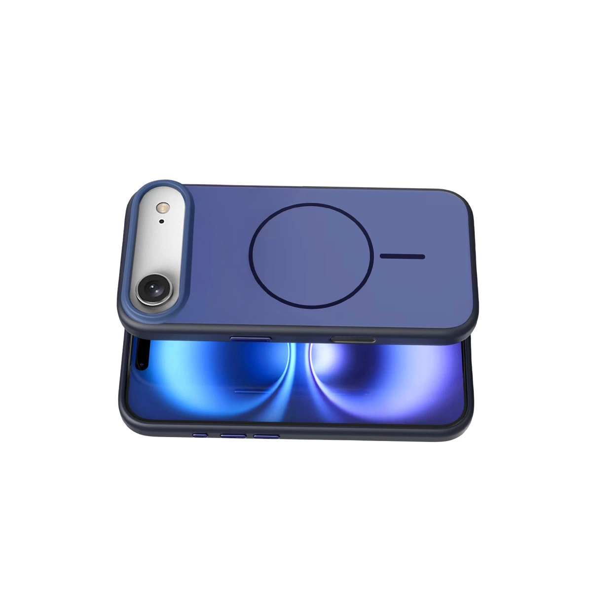 Kamera çıkıntılı ve manyetik halkalı mavi telefon kılıfı bir telefonun üzerindedir.