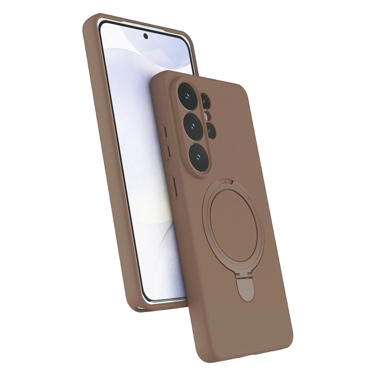 Halka tutuculu ve üç lensli kahverengi telefon kılıfı.