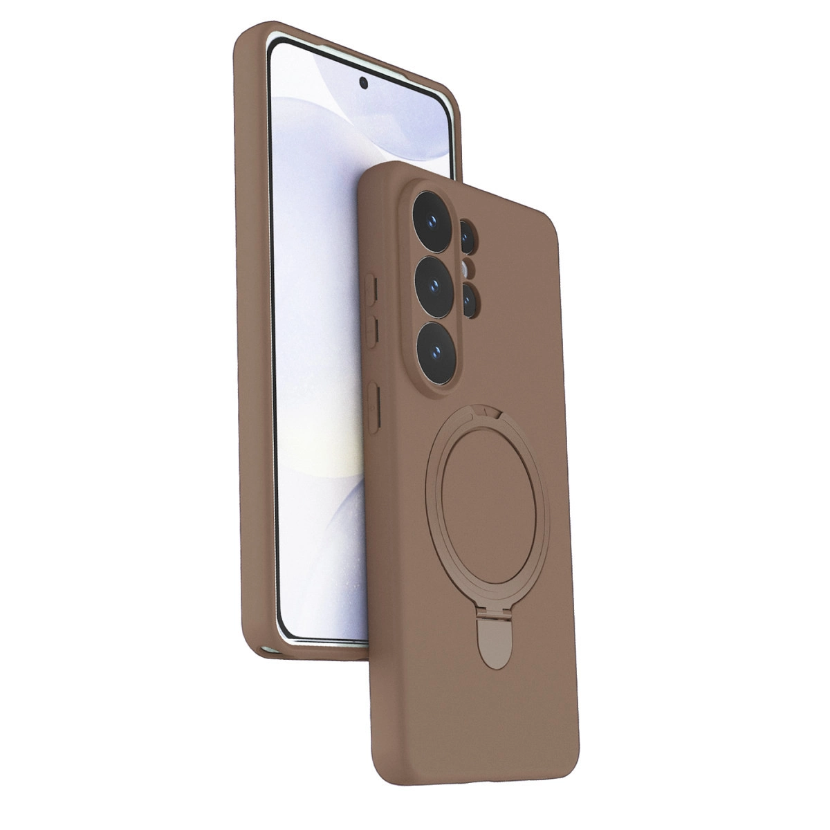 Halka standlı kahverengi telefon kılıfı, bir akıllı telefonun arkasında.