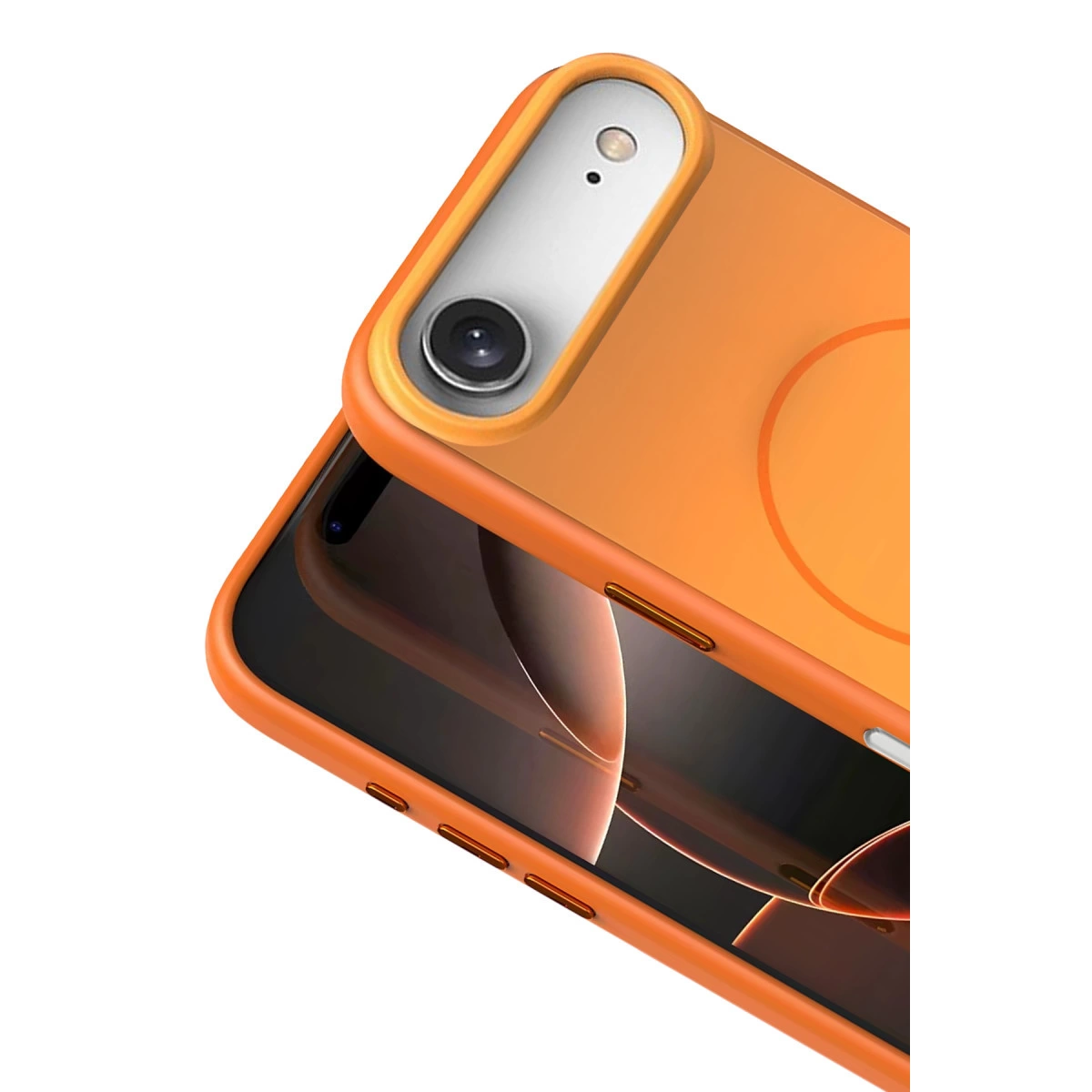 Arkada çift kameralı ve flaşlı turuncu telefon kılıfı.