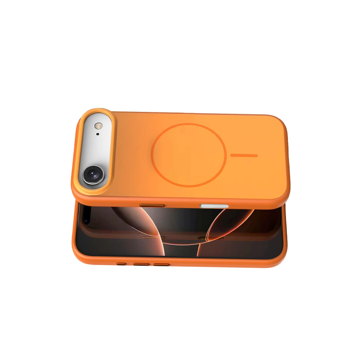 Kamera birimi ve daire/çizgi sembollü turuncu telefon.