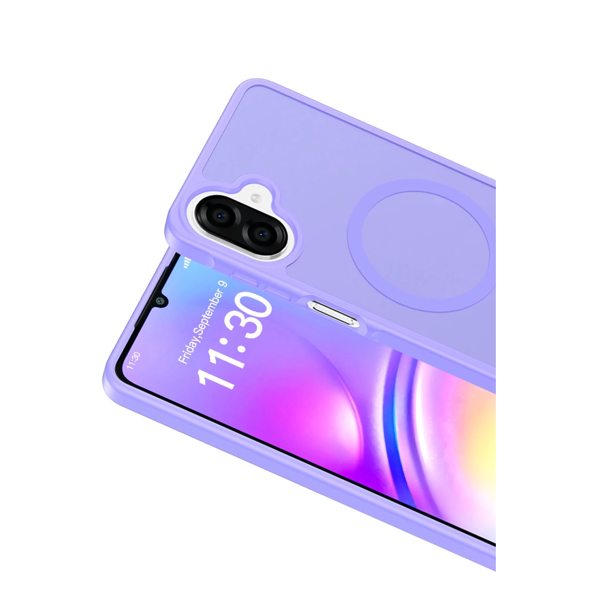 Çift kamera kesimli açık mor telefon kılıfı gösteriliyor.