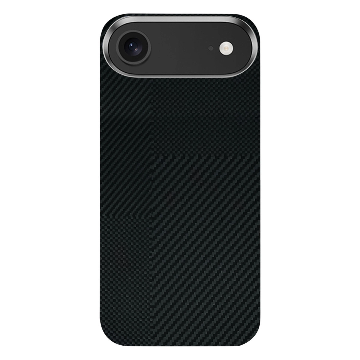 Karbon fiber desenli ve kamera lensli siyah telefon kılıfı.