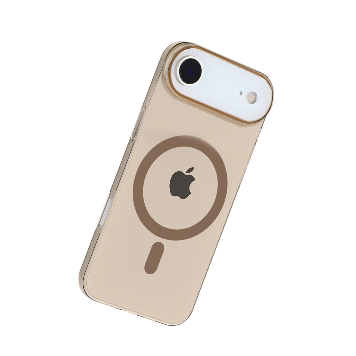 Altın iPhone şeffaf kılıf, Apple logosu ve kamerasıyla beyaz arka planda.