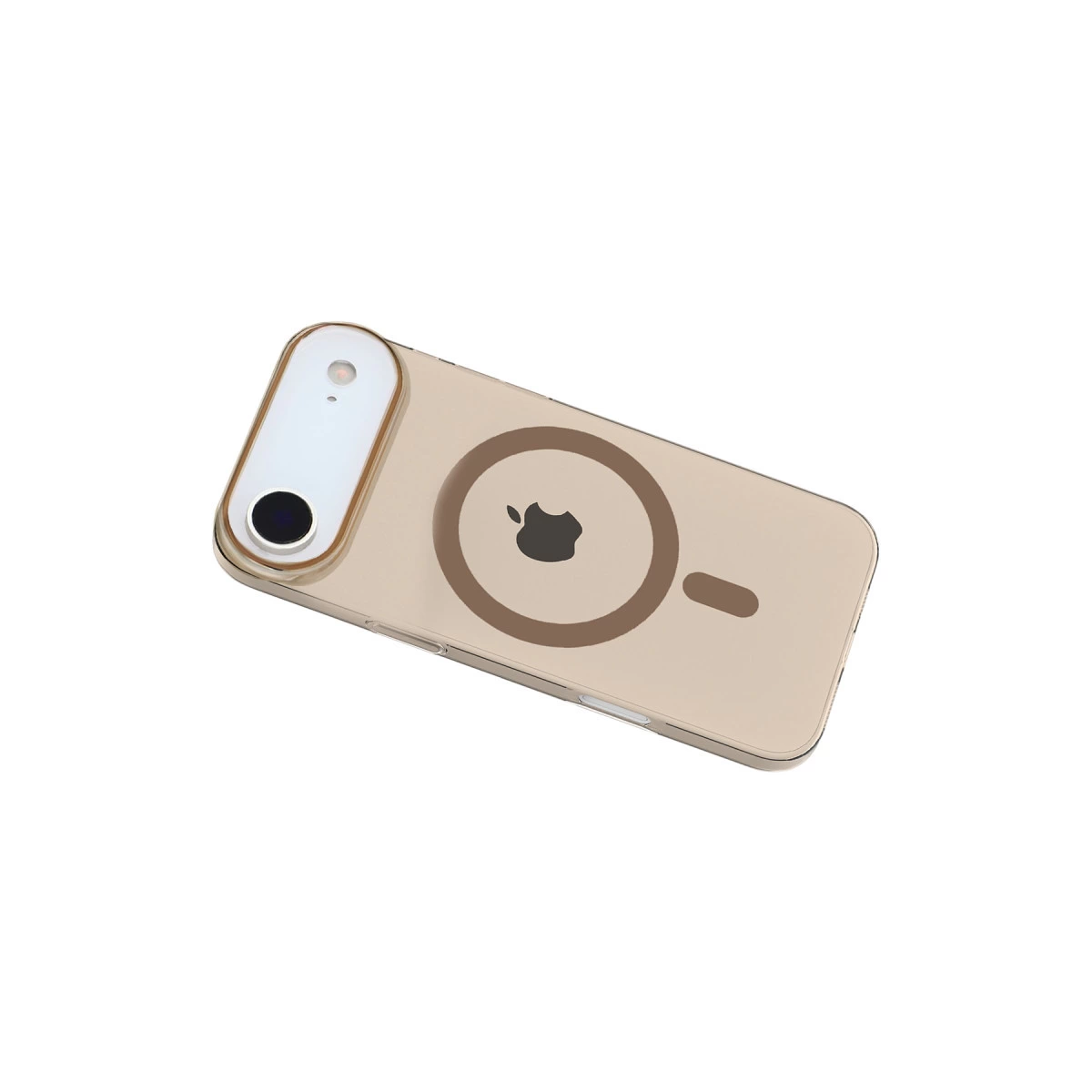 Apple logosu ve kamera lensi olan altın rengi telefon kılıfı.