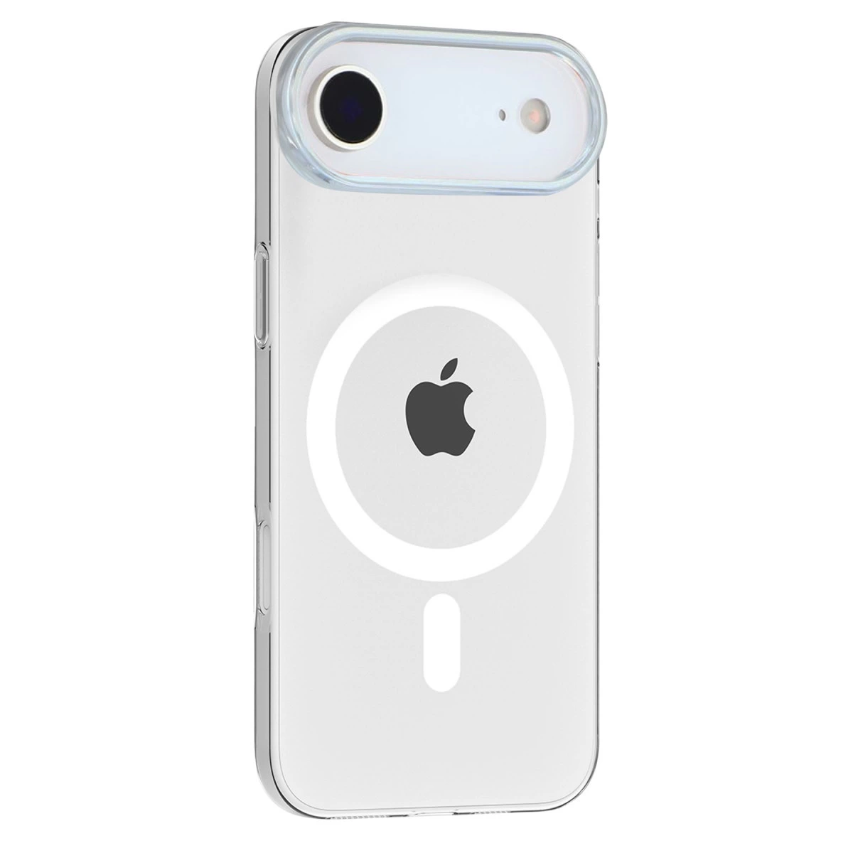 Apple logosu ve kamera çıkıntısı olan şeffaf iPhone kılıfı.