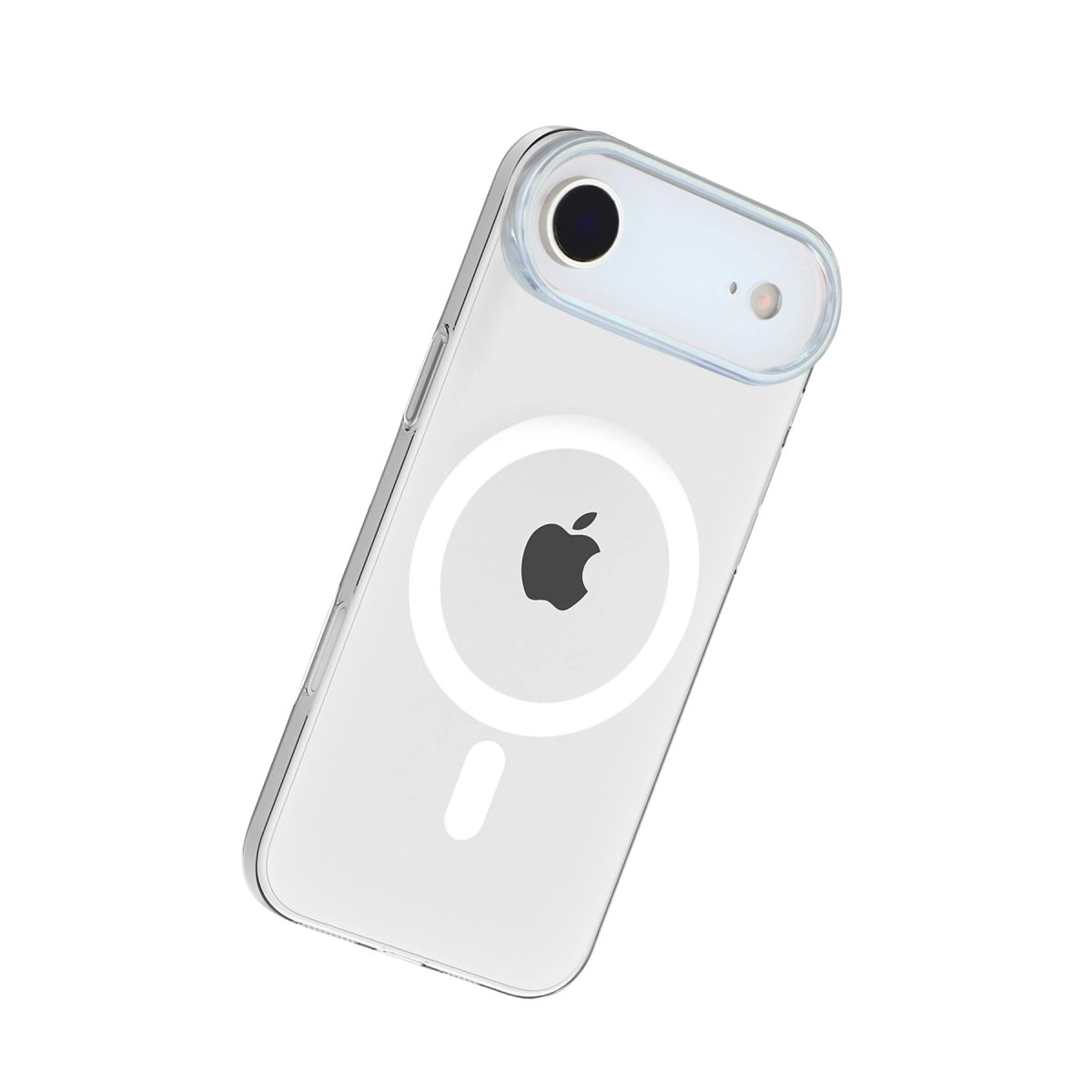 Beyaz arka plan üzerinde siyah Apple logosu ve MagSafe halkası olan şeffaf telefon kılıfı.