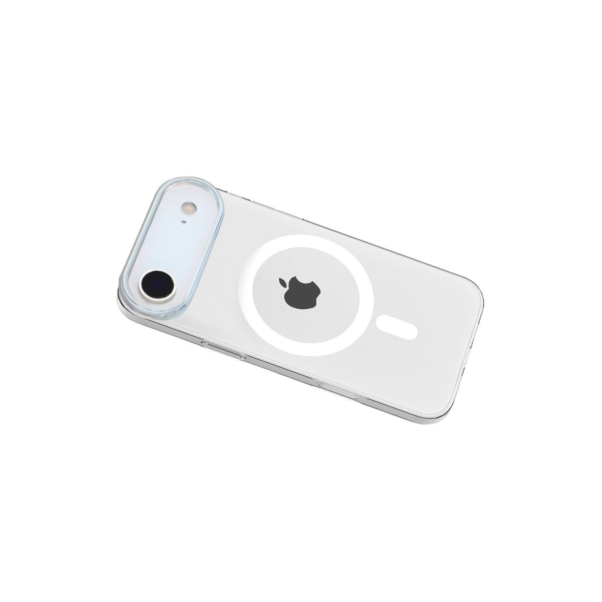 MagSafe halkalı ve Apple logolu şeffaf iPhone kılıfı.