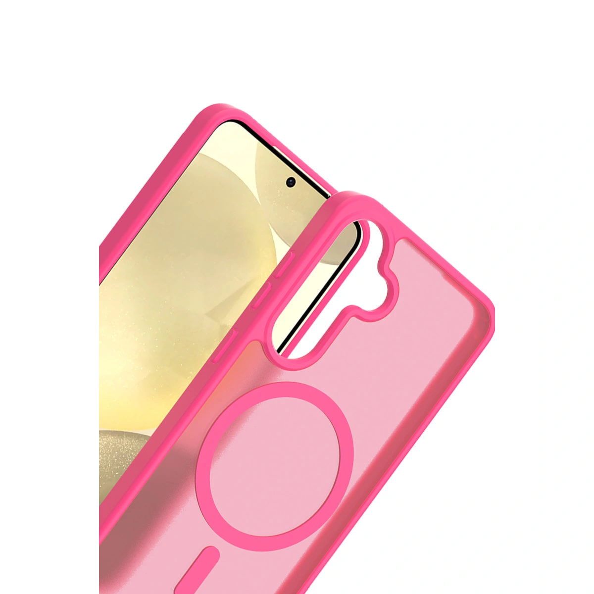 Beyaz arka plan üzerinde dairesel kesimli pembe telefon kılıfı.