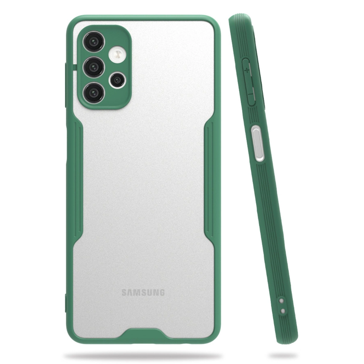 Yeşil Samsung telefon kılıfı, şeffaf arka yüz, kamera kesimi ve düğmeleri bulunur.