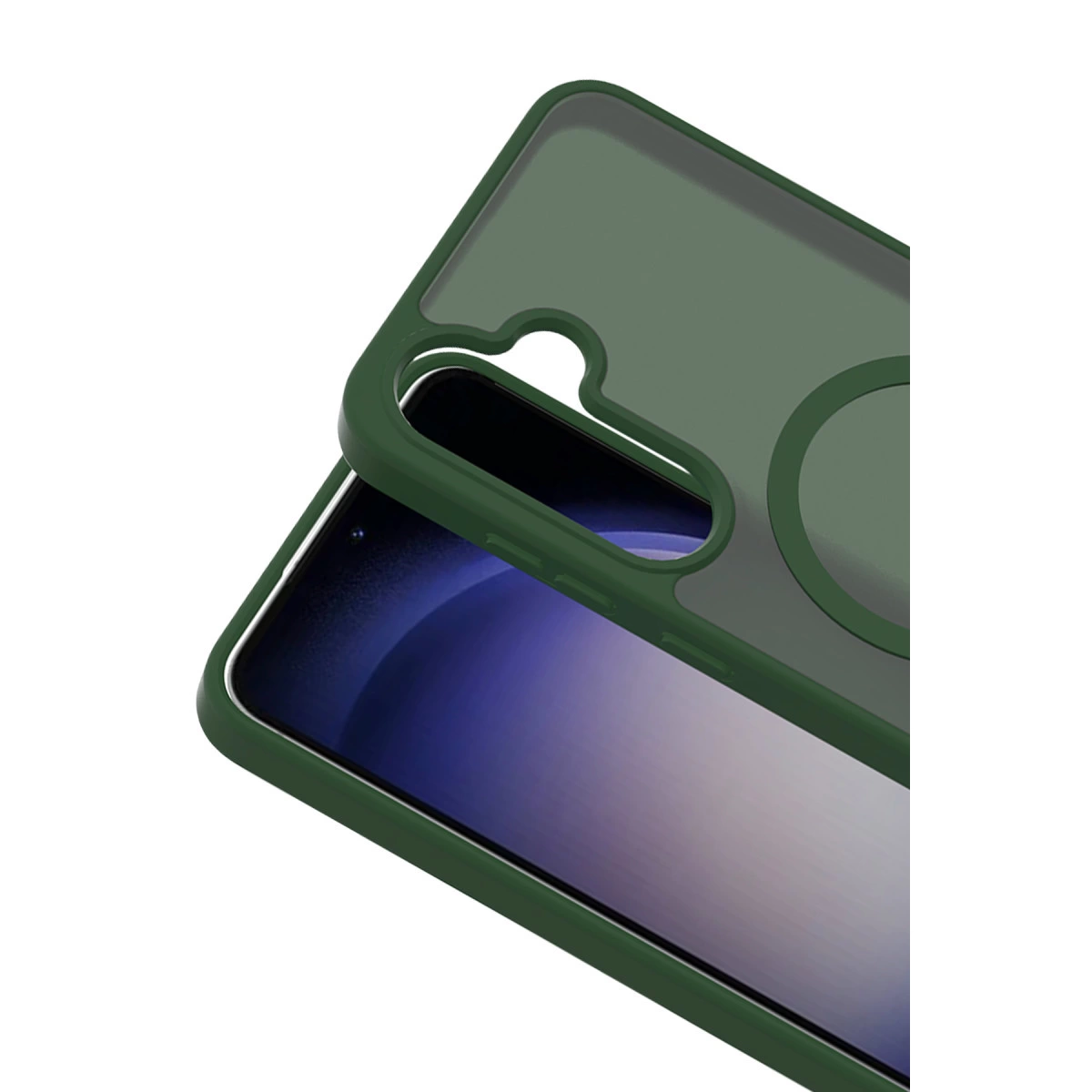 Kamera ve halka için kesikli koyu yeşil telefon kılıfı.