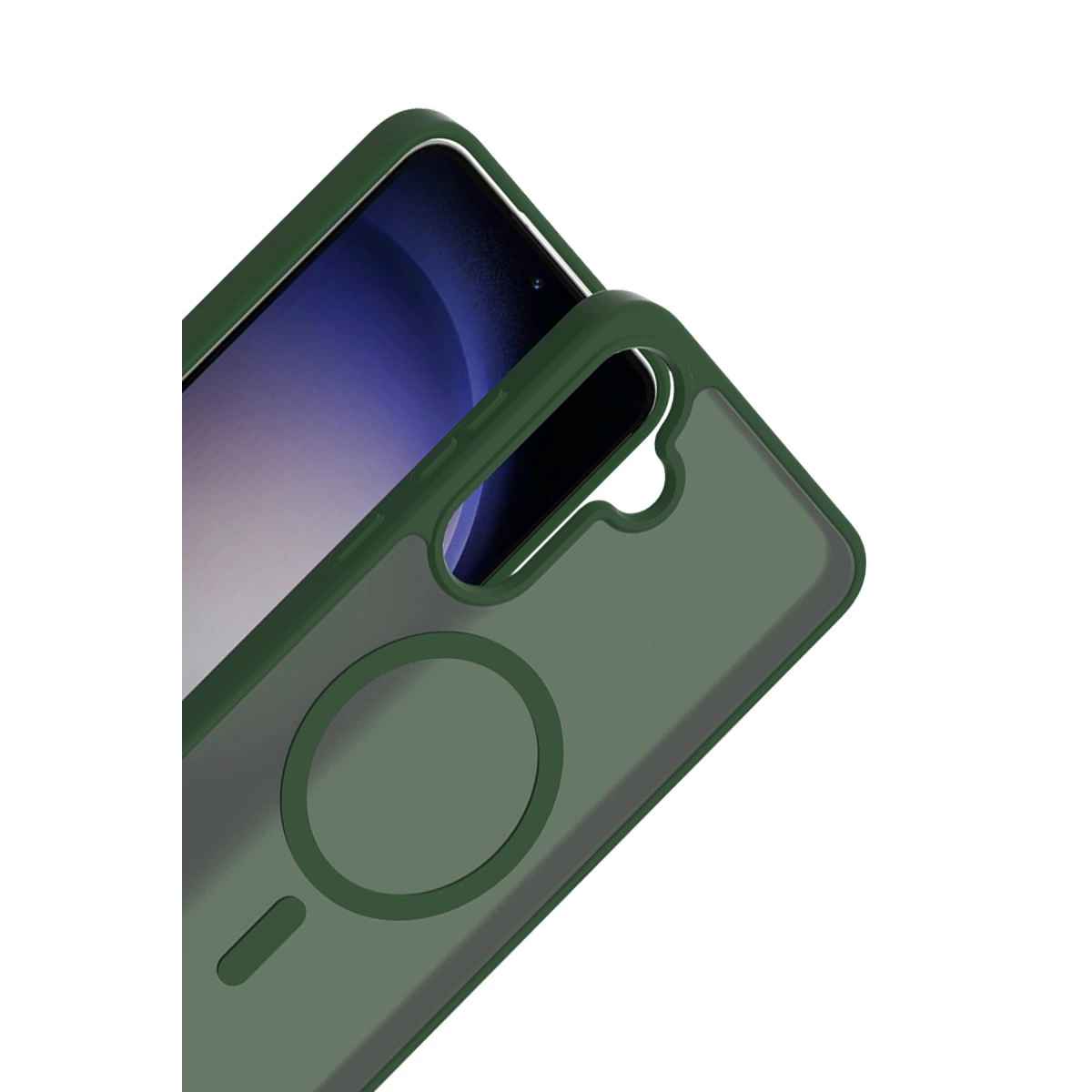 Yuvarlak manyetik halka ve şarj bağlantı noktasına sahip yeşil telefon kılıfı.