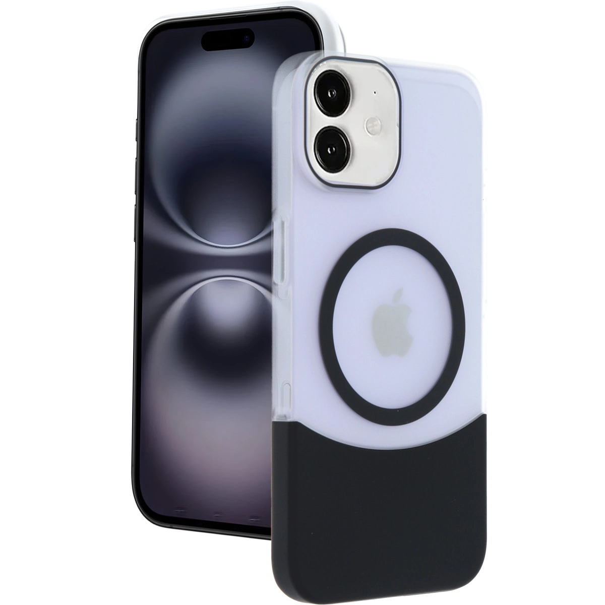 Şeffaf, lavanta ve siyah kılıflı bir iPhone. Apple logosu görünür.