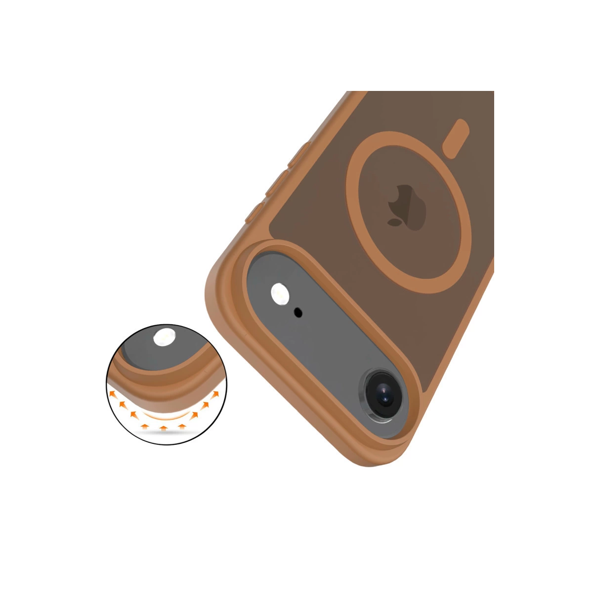 Apple logosu ve kamera kesimli kahverengi telefon kılıfı. Darbe koruma detayı.