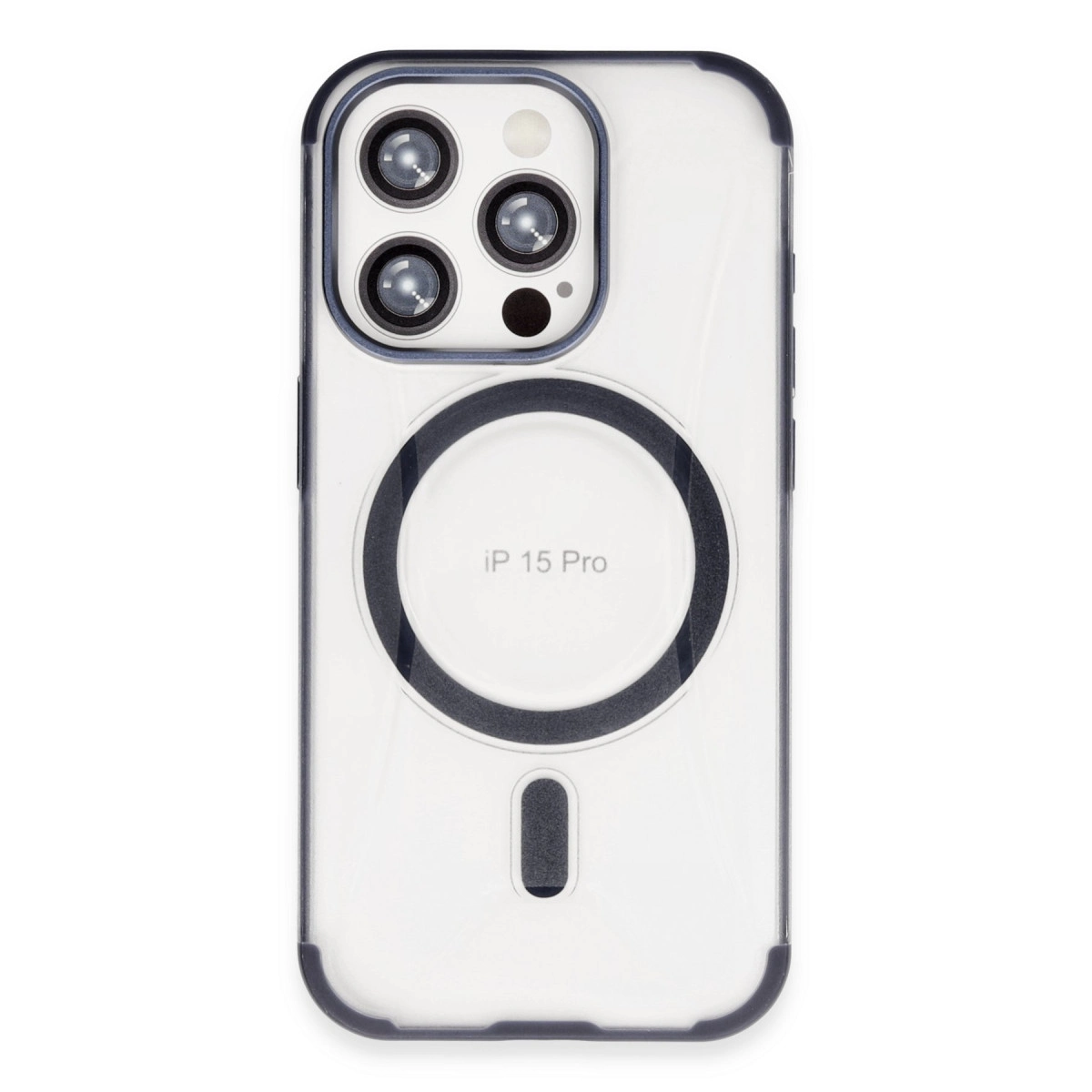 iPhone 15 Pro için kamera ve manyetik halkalı şeffaf kılıf.