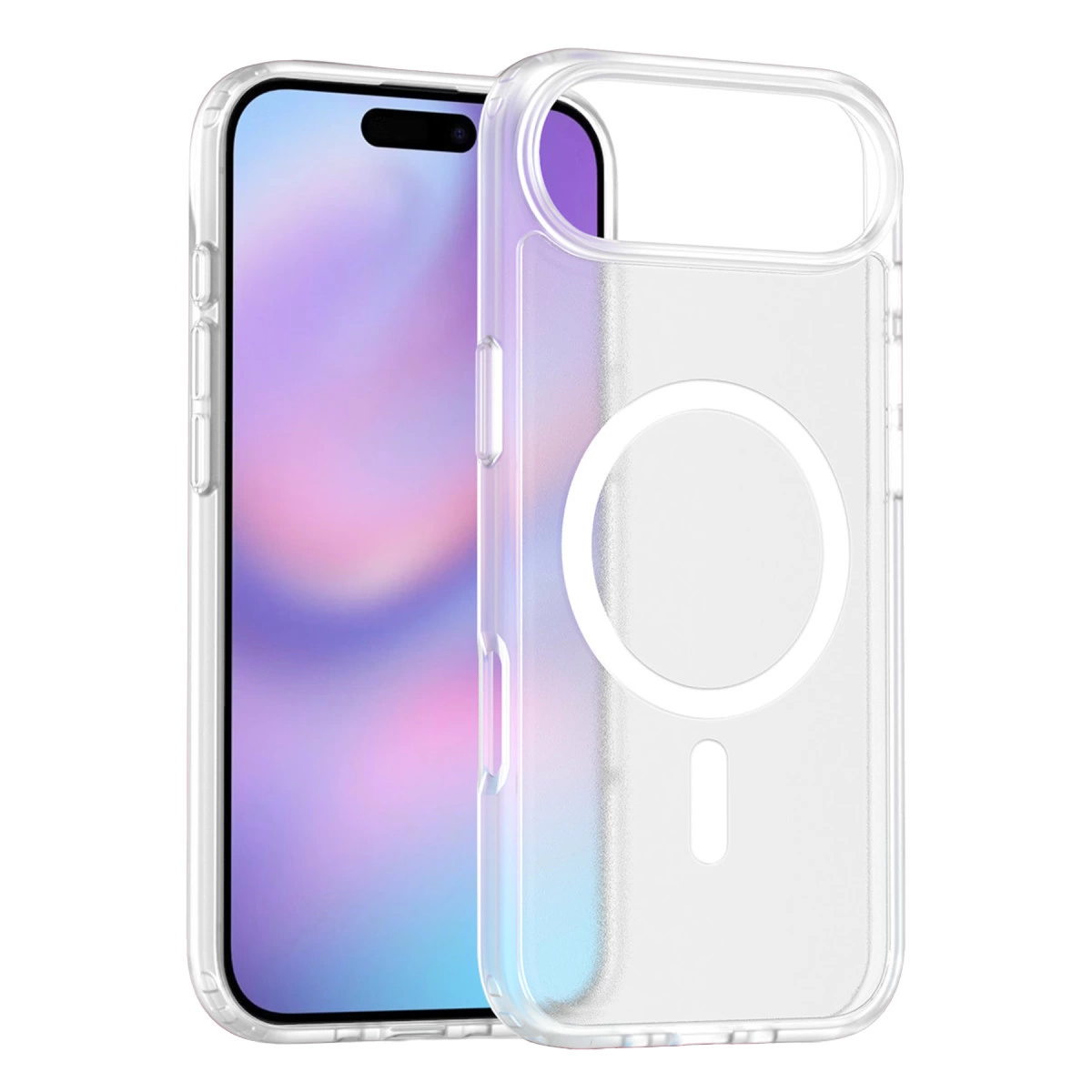 Arkada manyetik bir daire bulunan şeffaf telefon kılıfı.