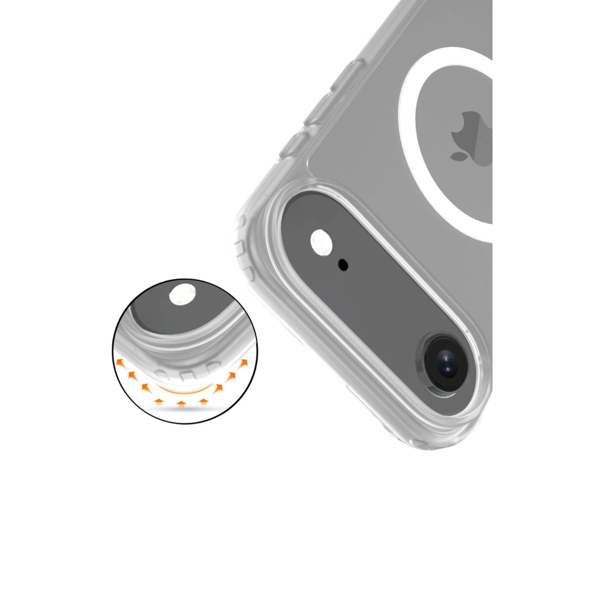Güçlendirilmiş köşelere ve kamera alanına sahip şeffaf iPhone kılıfı.