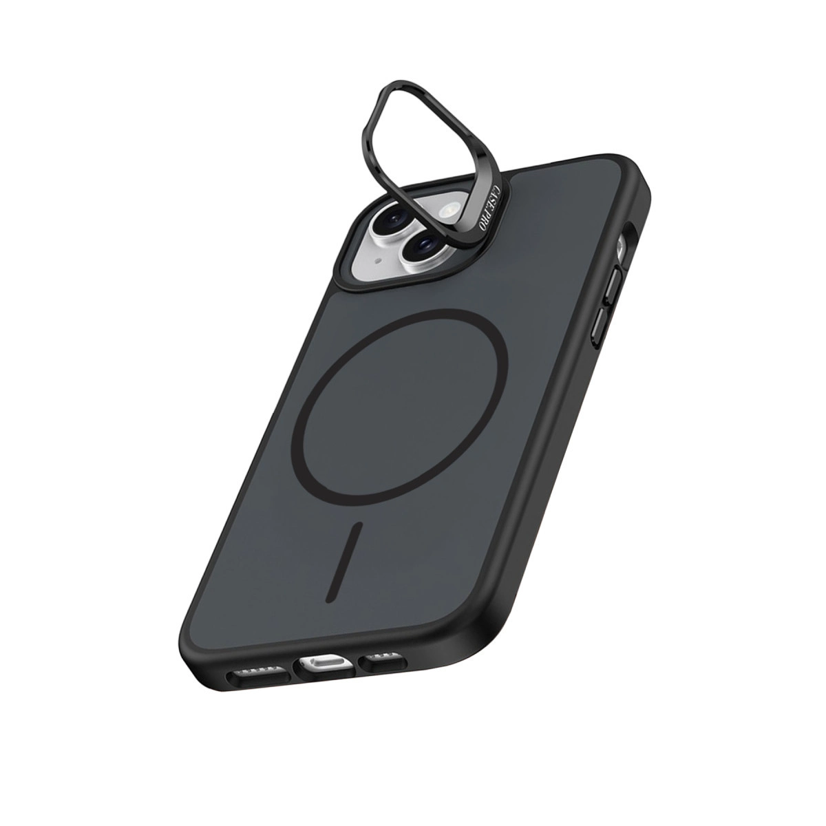 Halka tutuculu ve manyetik halkalı koyu gri telefon kılıfı.