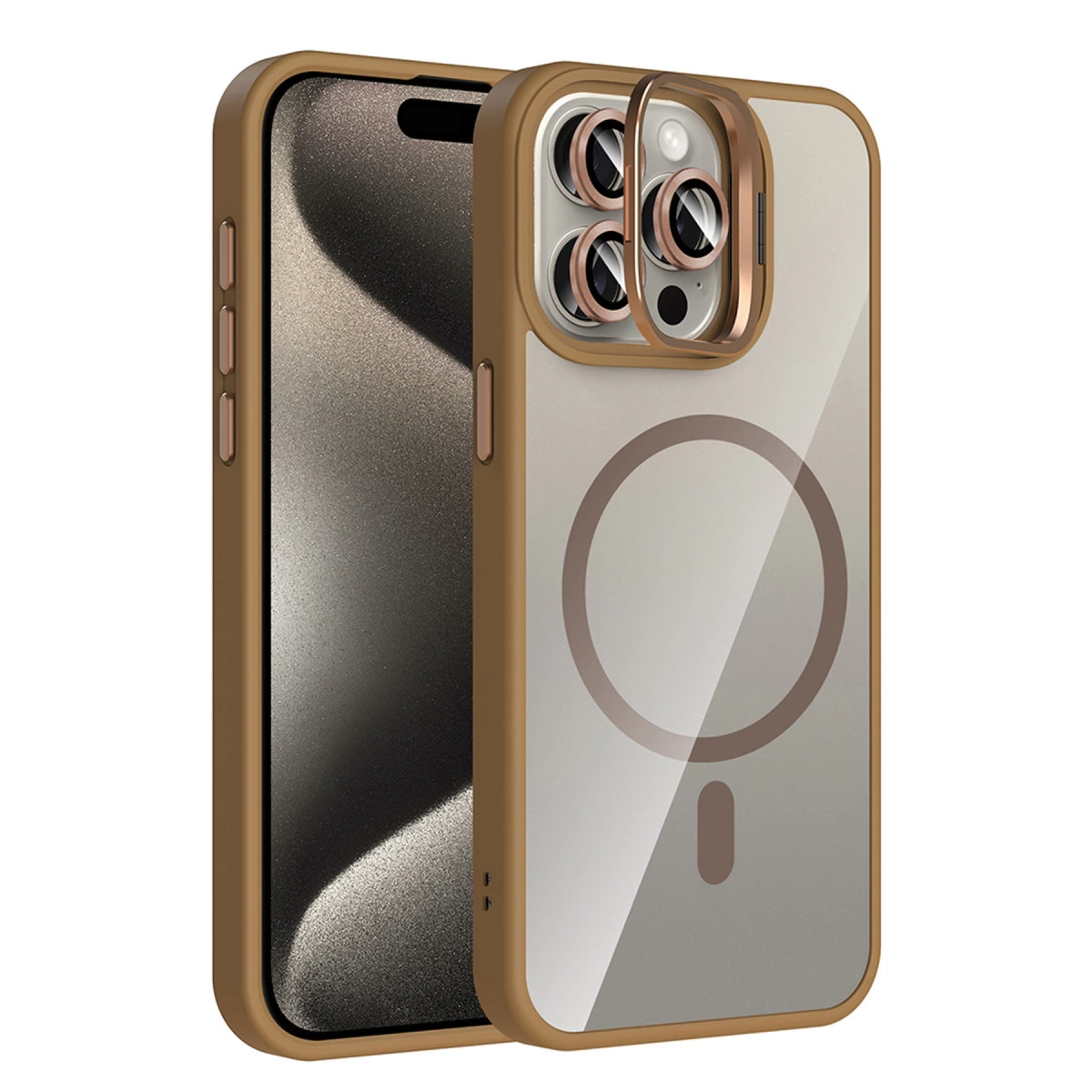 Şeffaf arka ve lens korumalı kahverengi telefon kılıfı.