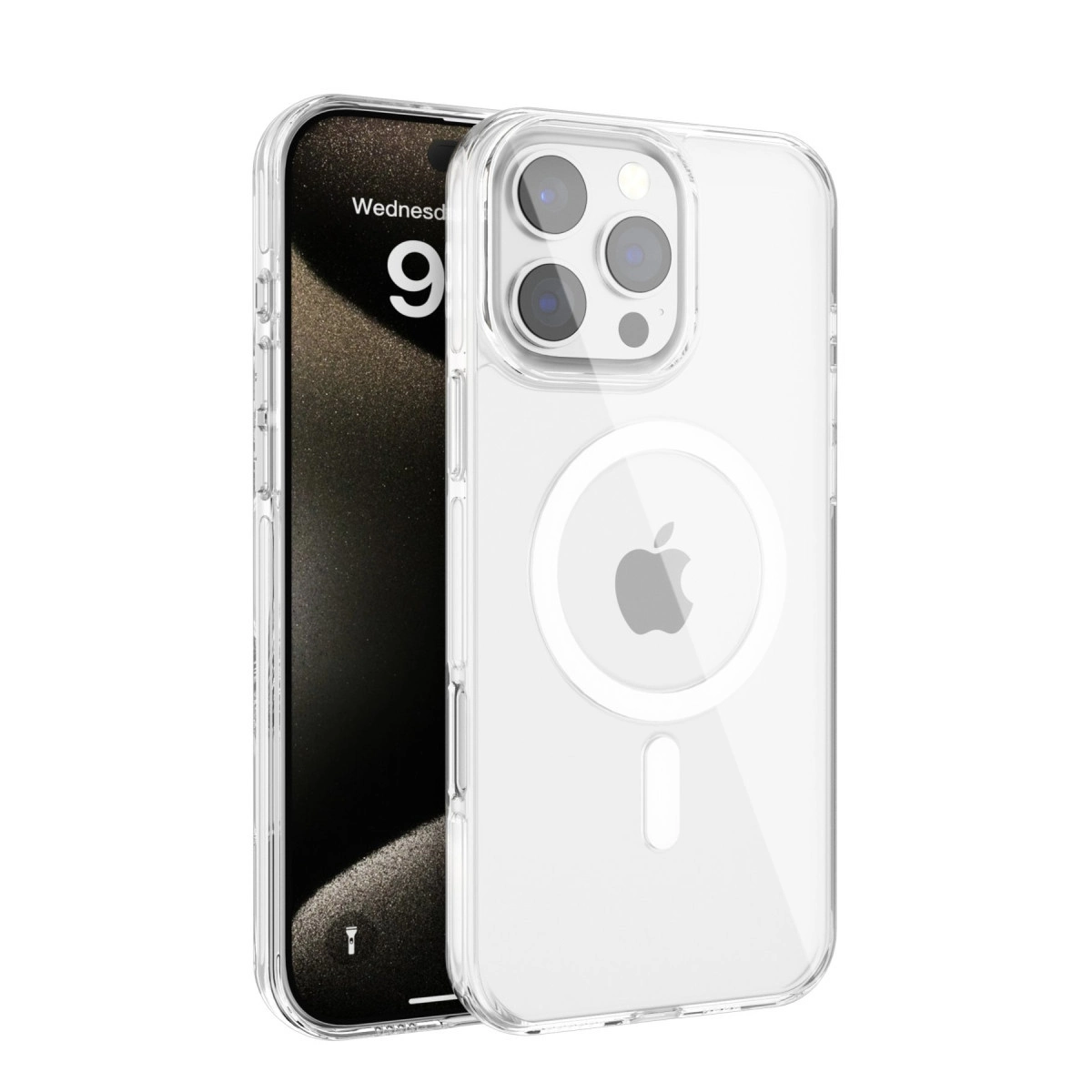 Apple logosu ve Çarşamba 9 gösteren telefondaki şeffaf kılıf.