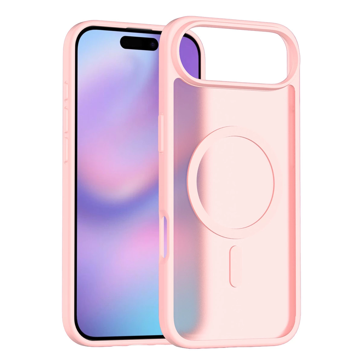 Arkada MagSafe için dairesel kesimli açık pembe telefon kılıfı.
