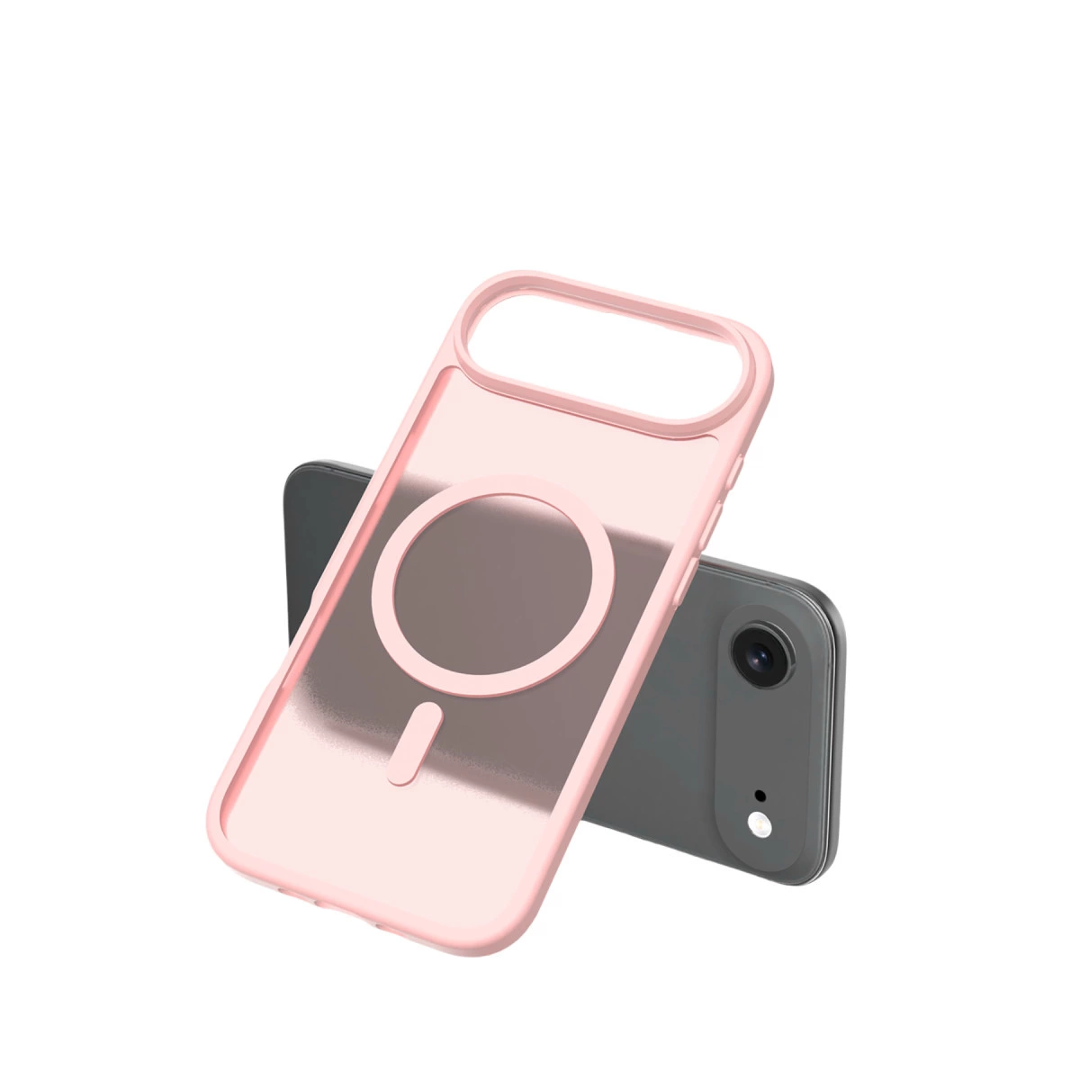Mıknatıslı halkalı pembe telefon kılıfı, koyu renkli bir telefonun üzerinde duruyor.