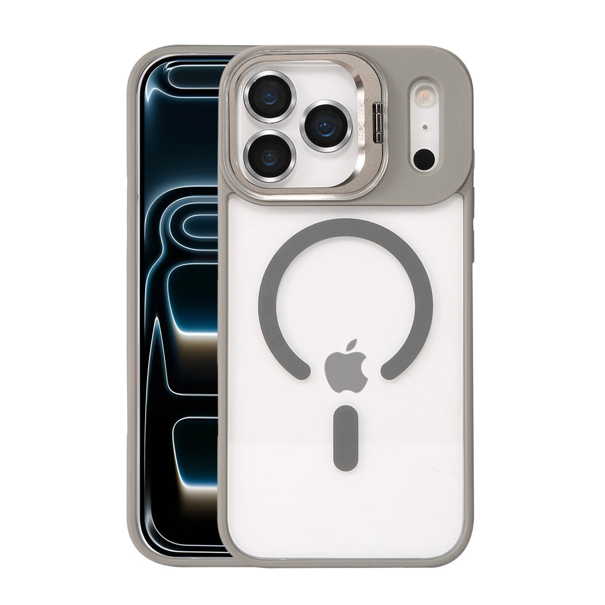 NEWFACE iPhone 17 Pro Uyumlu Remim Lensli Magsafe Standlı Kapak Telefon Kılıfı Titan Gri