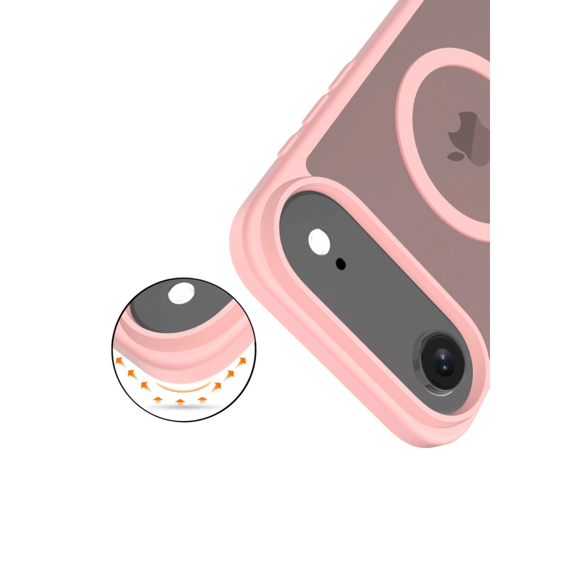 Kamera ve Apple logosunu gösteren pembe iPhone kılıfı. Sol altta detay.