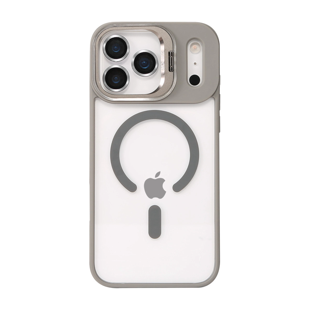Üç kameralı ve Apple logolu gri iPhone kılıfı.