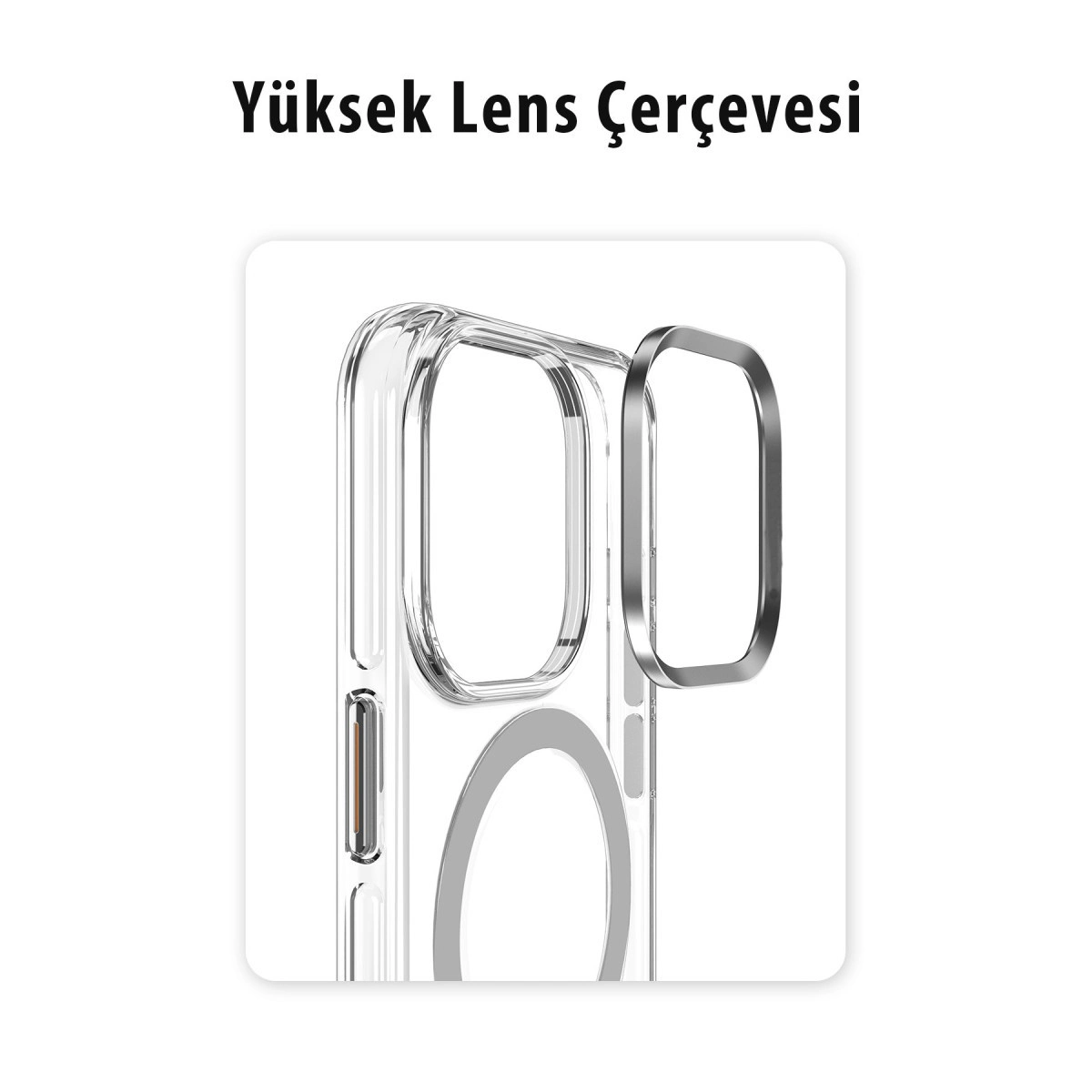 Yükseltilmiş lens ve gümüş detaylı şeffaf telefon kılıfı.