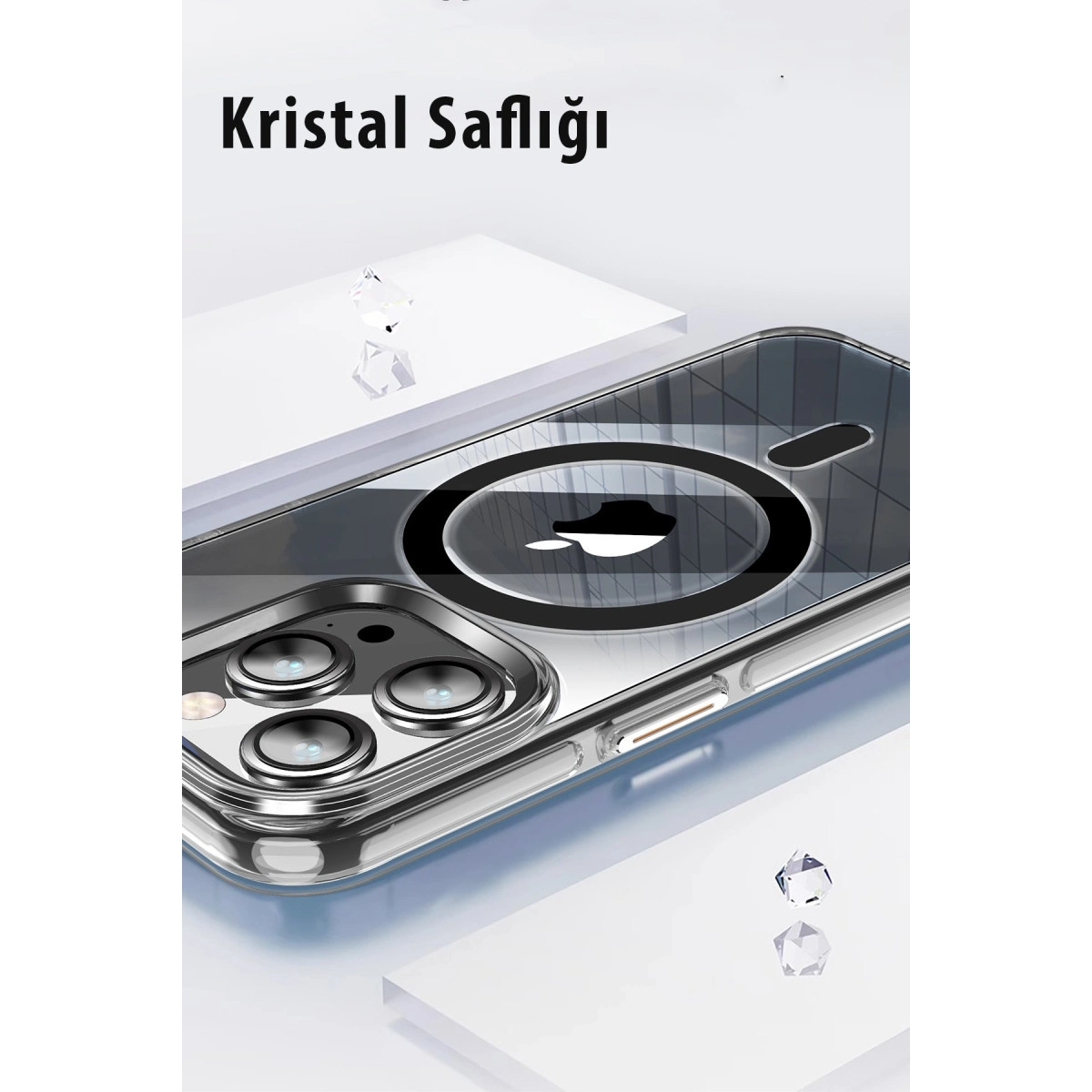Apple logosu ve üç kamerası olan şeffaf telefon kılıfı.