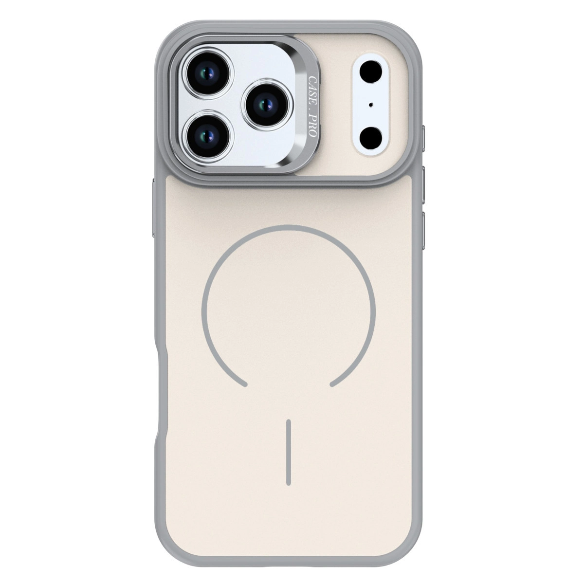 Üç kameralı, gri kenarlı bej telefon kılıfı.
