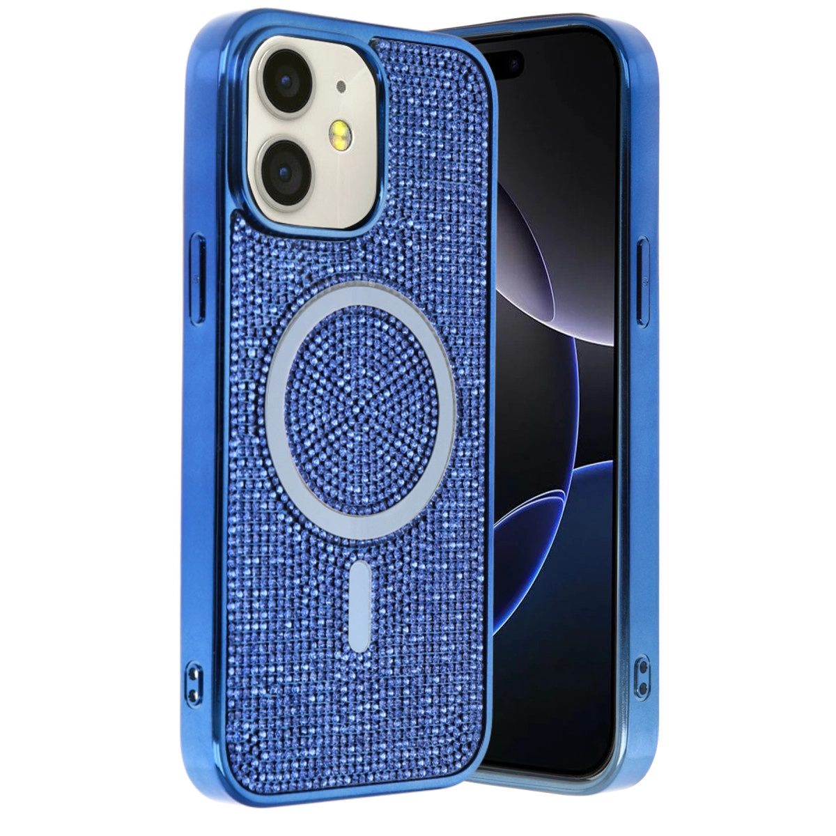 Mıknatıslı halkalı, simli mavi iPhone kılıfı.