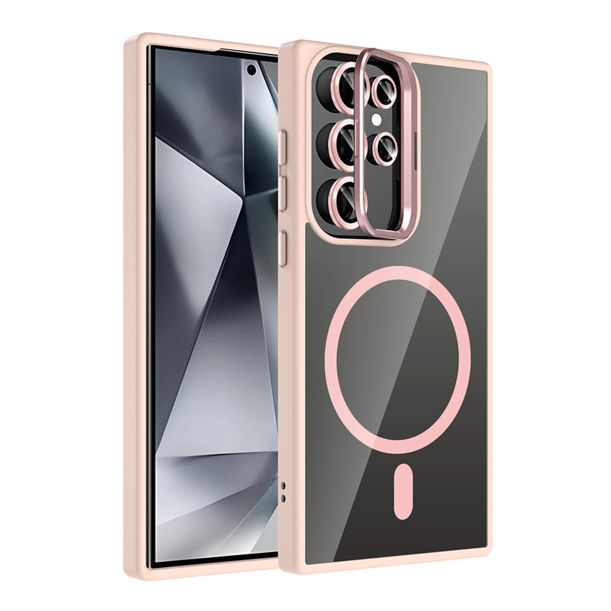 Mıknatıslı halka ve kamera lens koruması gösteren şeffaf arka yüzlü pembe telefon kılıfı.