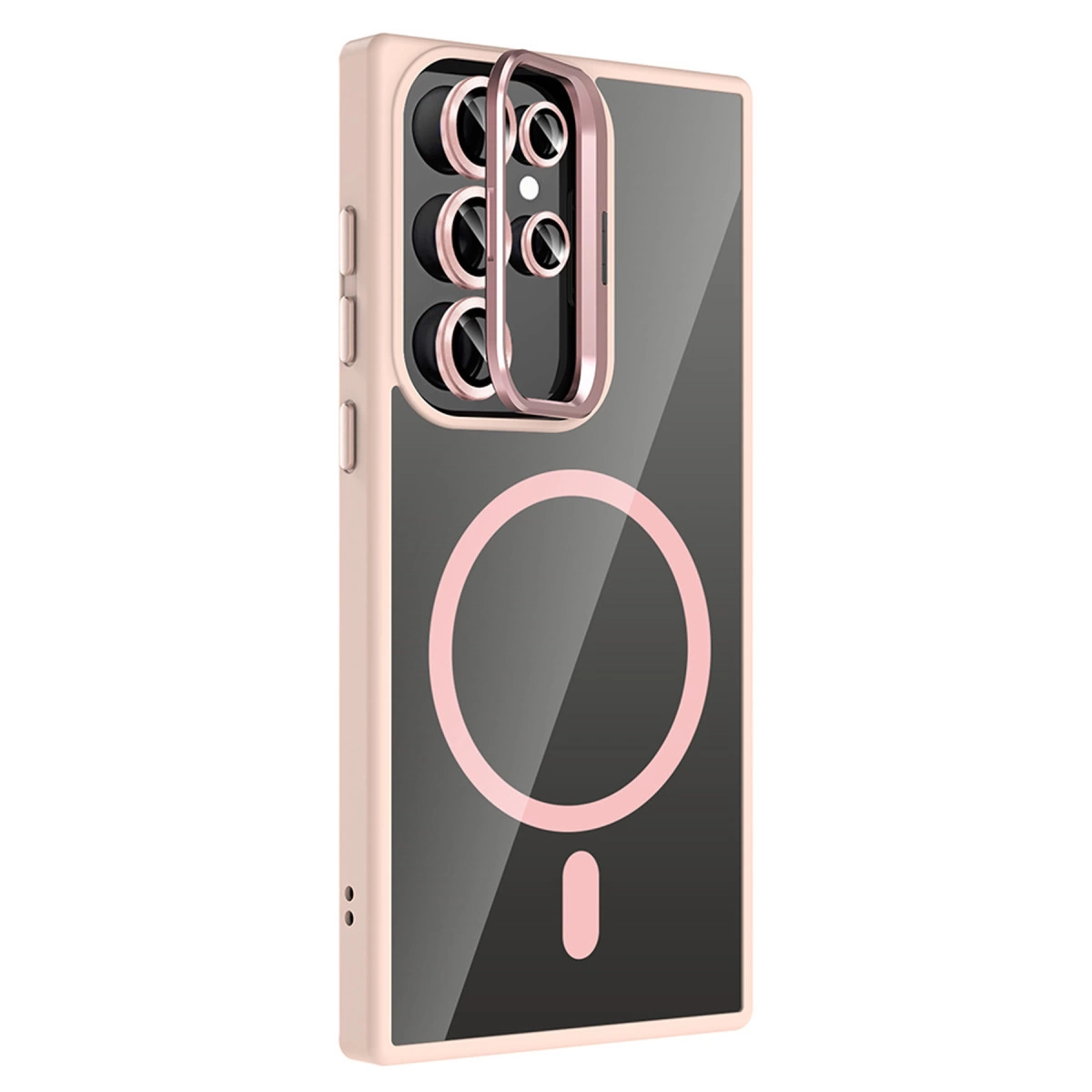 Mıknatıslı halka ve lensleri gösteren şeffaf arka kapaklı pembe telefon kılıfı.