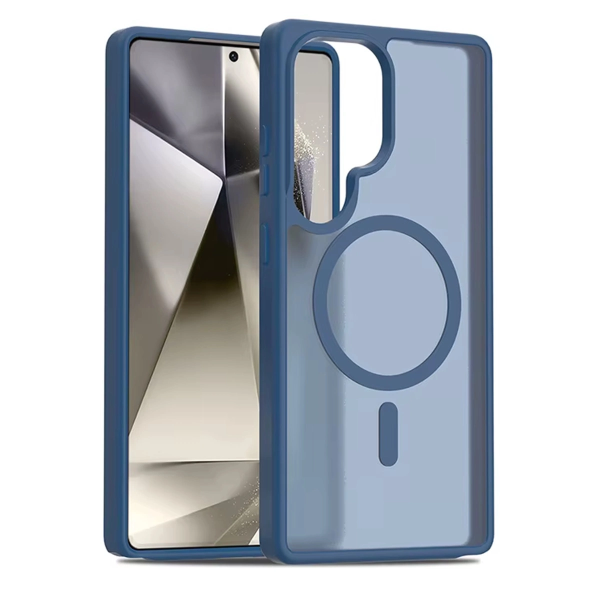 Mıknatıslı halkalı mavi telefon kılıfı akıllı telefonun yanında duruyor.